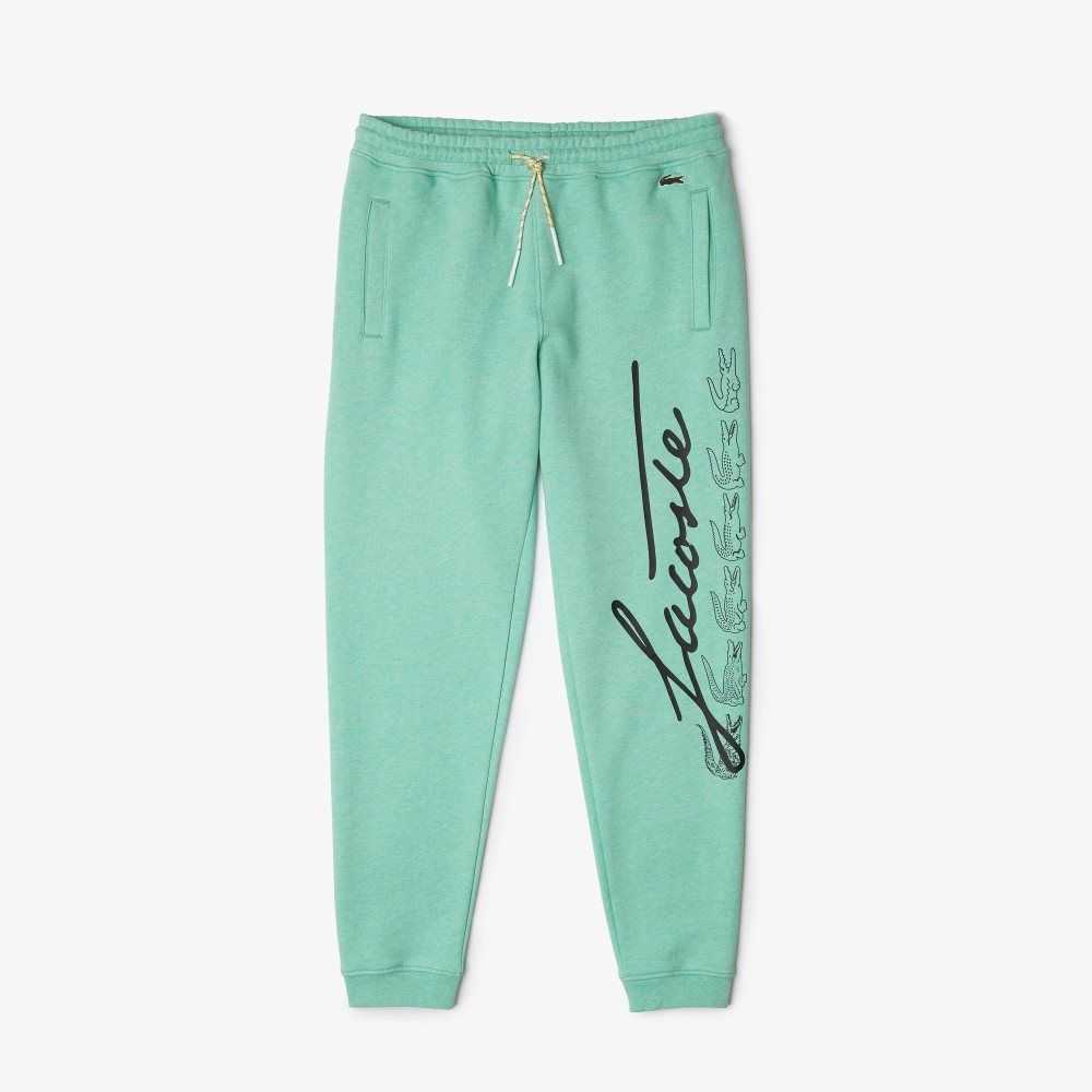 Green Lacoste Signature And Crocodile Print Cotton Fleece Jogging Pants | QHNXES-416