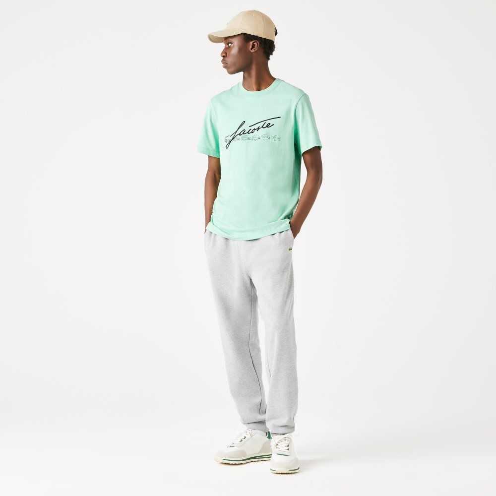 Green Lacoste Signature And Crocodile Print Crew Neck Cotton T-Shirt | ZIUYKH-187