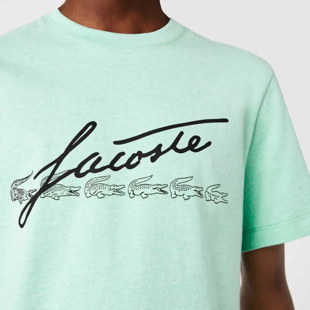 Green Lacoste Signature And Crocodile Print Crew Neck Cotton T-Shirt | ZIUYKH-187