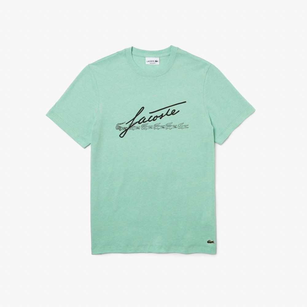 Green Lacoste Signature And Crocodile Print Crew Neck Cotton T-Shirt | ZIUYKH-187