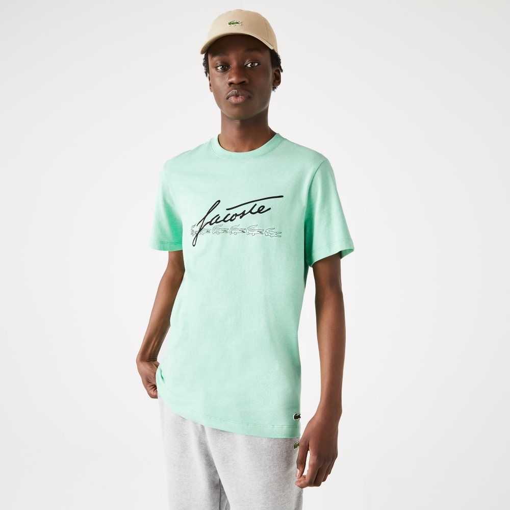 Green Lacoste Signature And Crocodile Print Crew Neck Cotton T-Shirt | ZIUYKH-187