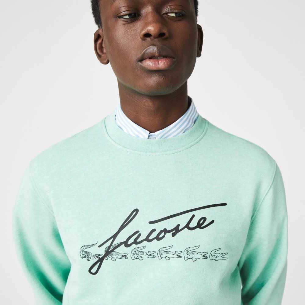 Green Lacoste Signature Print Crew Neck Cotton Fleece Sweatshirt | IFXPSC-412