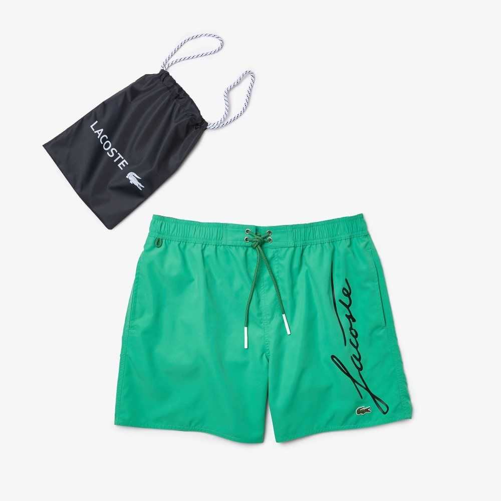 Green Lacoste Signature Print Light Swimming Trunks | ODZXMH-137