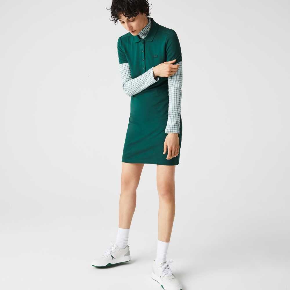 Green Lacoste Stretch Cotton Pique Polo Dress | RVYUNF-169