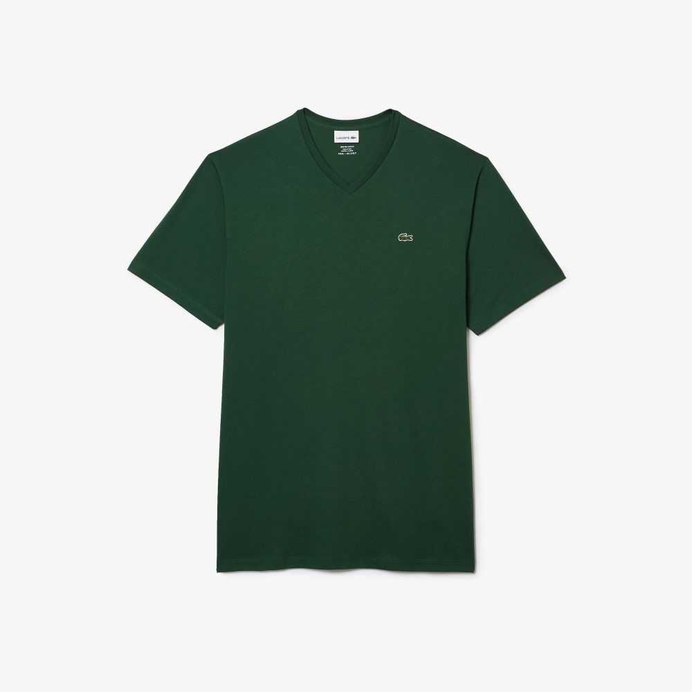 Green Lacoste Tall Fit Ribbed V-Neck Cotton Polo Shirt | TSWDRA-140