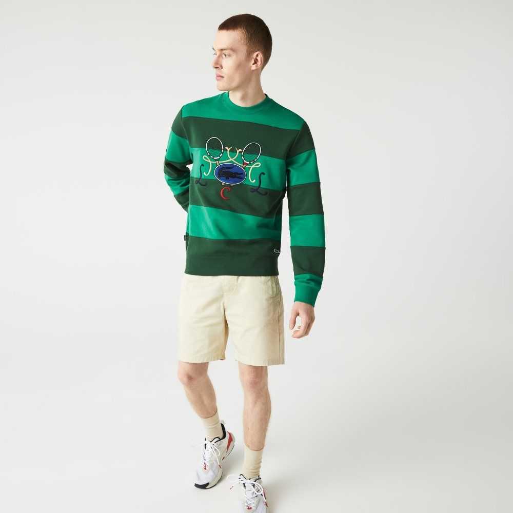 Green Lacoste Tennis Design Crew Neck Striped Cotton Fleece Sweatshirt | QFPURM-294