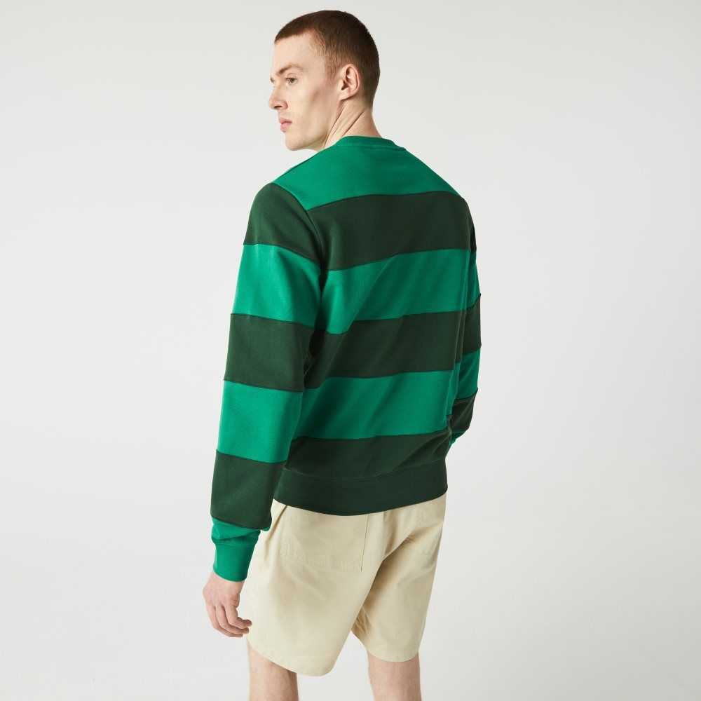 Green Lacoste Tennis Design Crew Neck Striped Cotton Fleece Sweatshirt | QFPURM-294