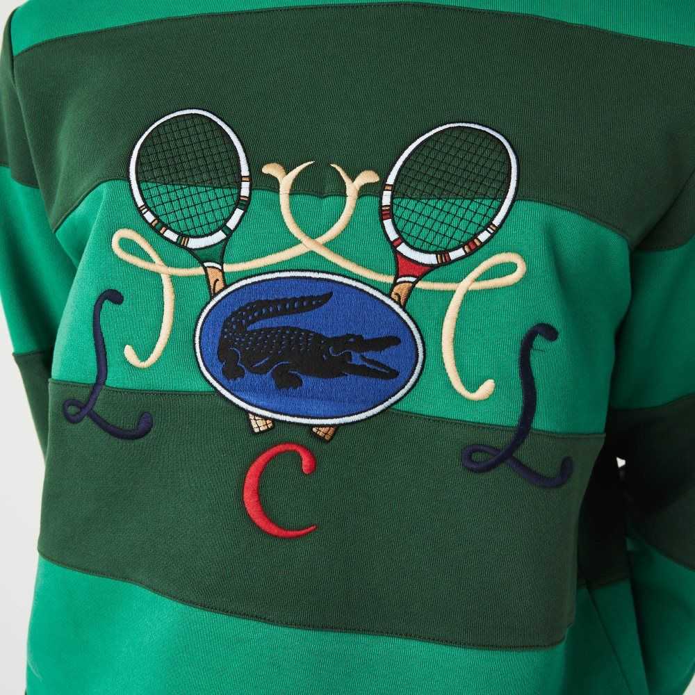 Green Lacoste Tennis Design Crew Neck Striped Cotton Fleece Sweatshirt | QFPURM-294