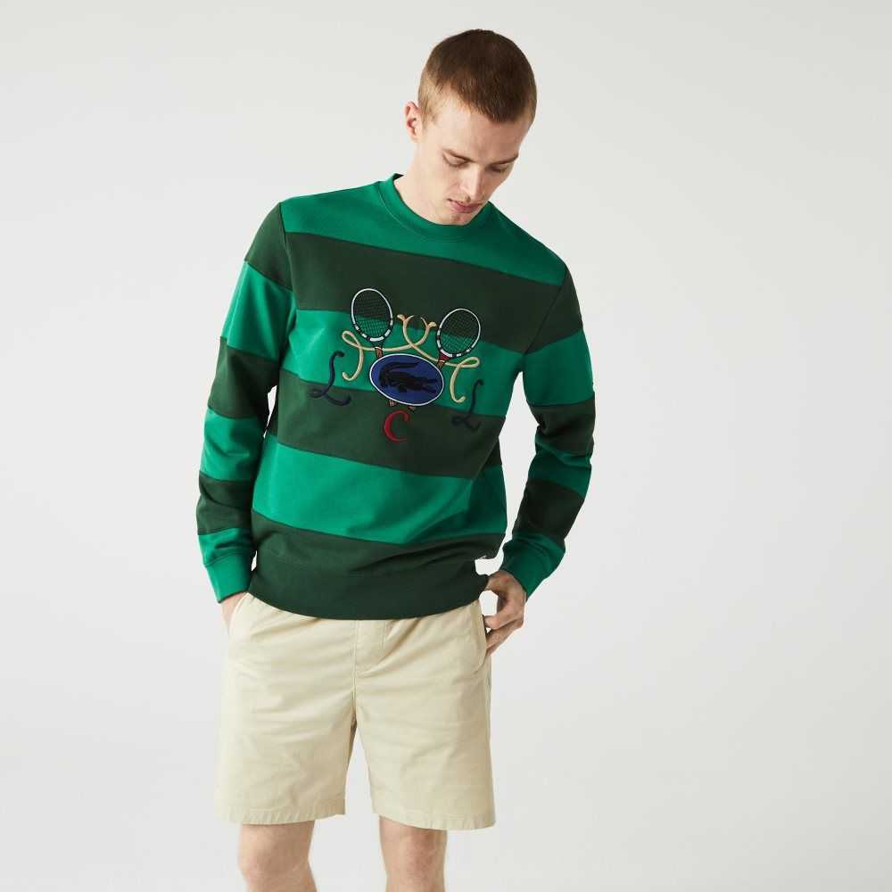 Green Lacoste Tennis Design Crew Neck Striped Cotton Fleece Sweatshirt | QFPURM-294