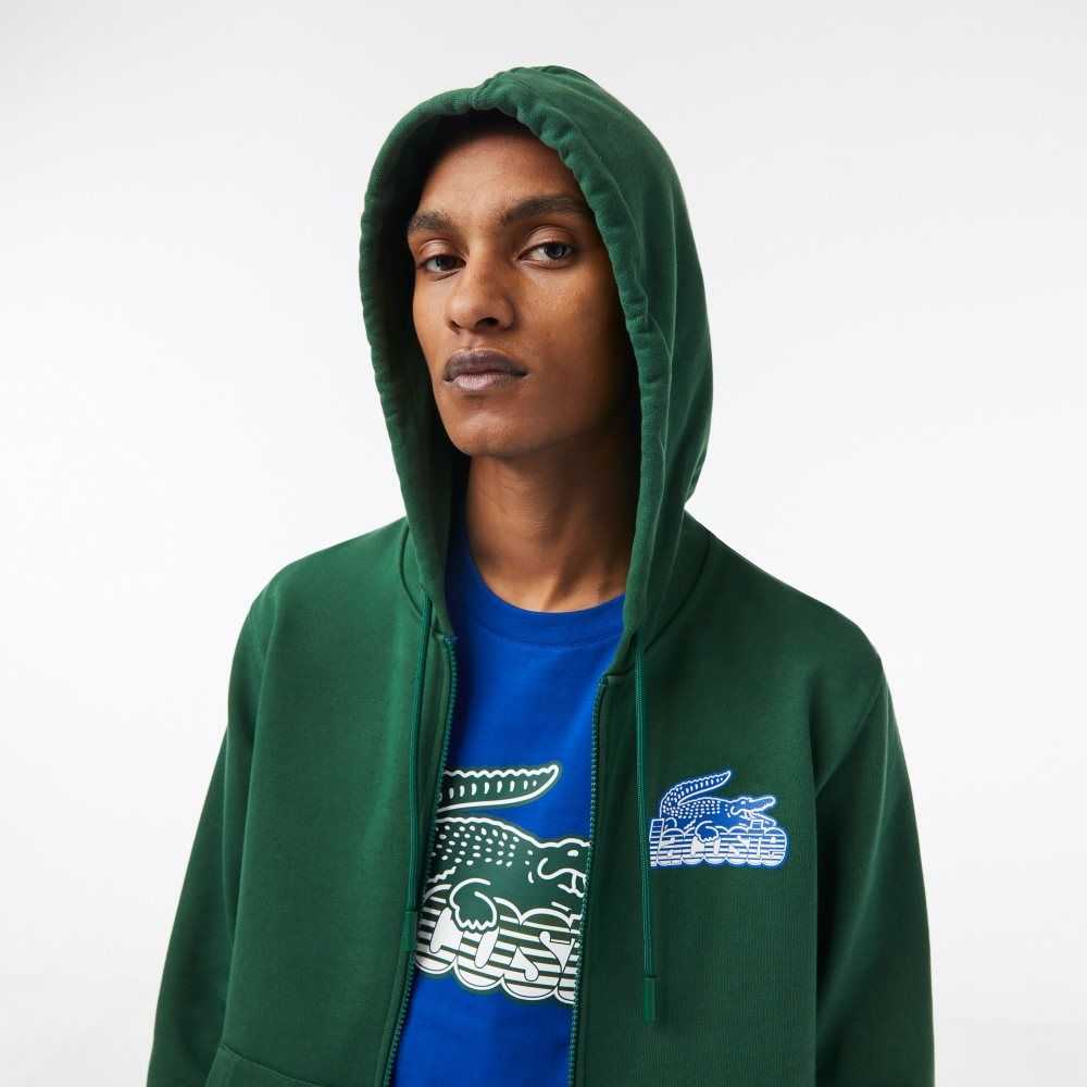 Green Lacoste Unbrushed Fleece Zipped Hoodie | FZPIHS-456