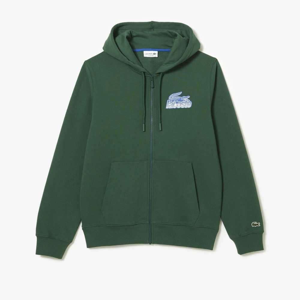 Green Lacoste Unbrushed Fleece Zipped Hoodie | FZPIHS-456