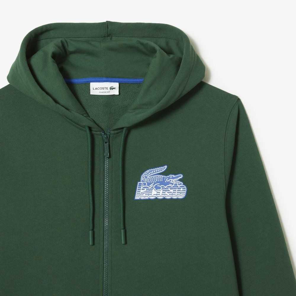 Green Lacoste Unbrushed Fleece Zipped Hoodie | FZPIHS-456