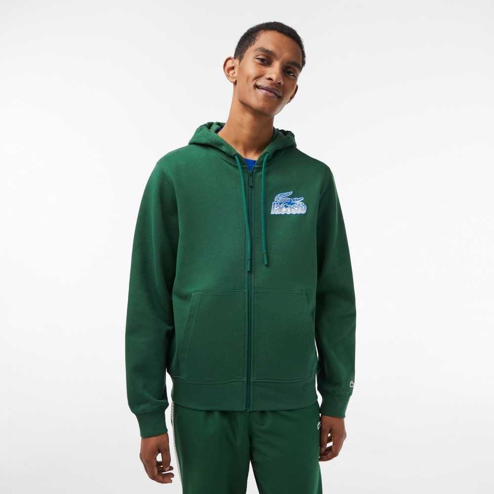 Green Lacoste Unbrushed Fleece Zipped Hoodie | FZPIHS-456