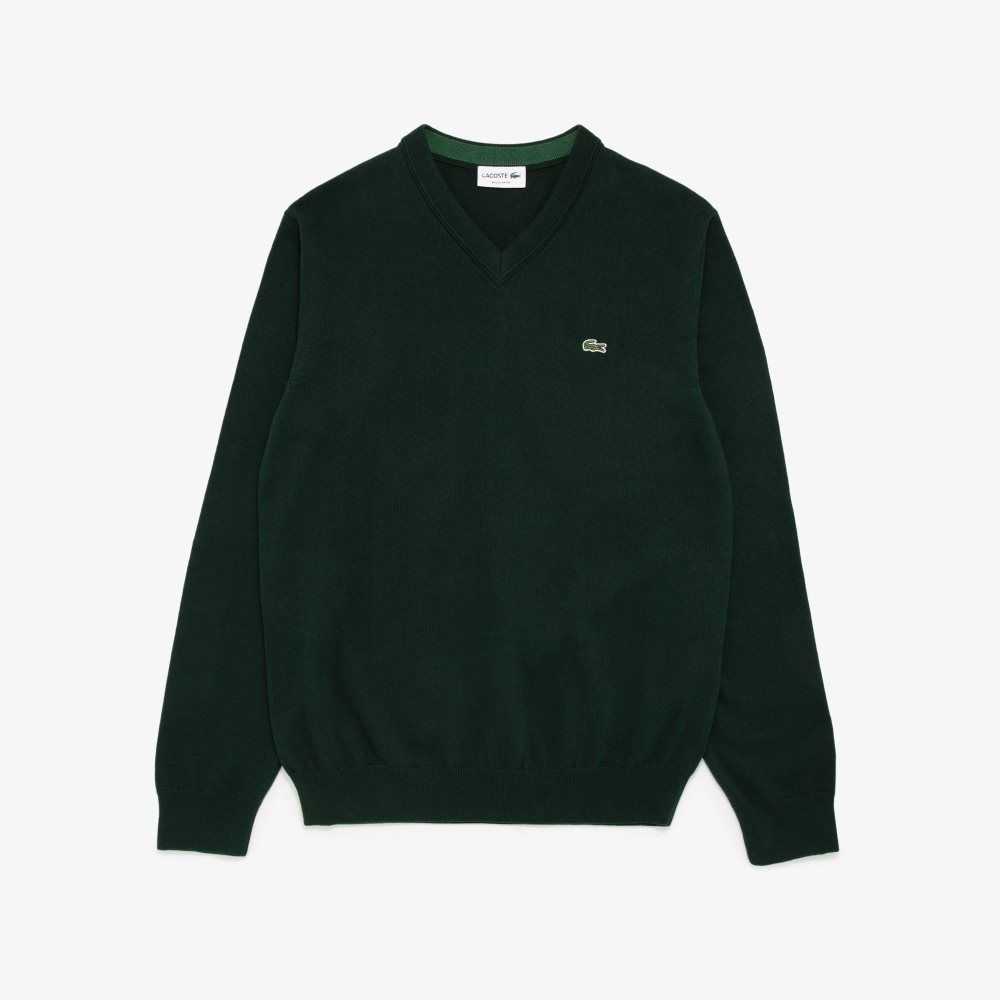 Green Lacoste V-Neck Cotton Sweater | DNMIFW-205