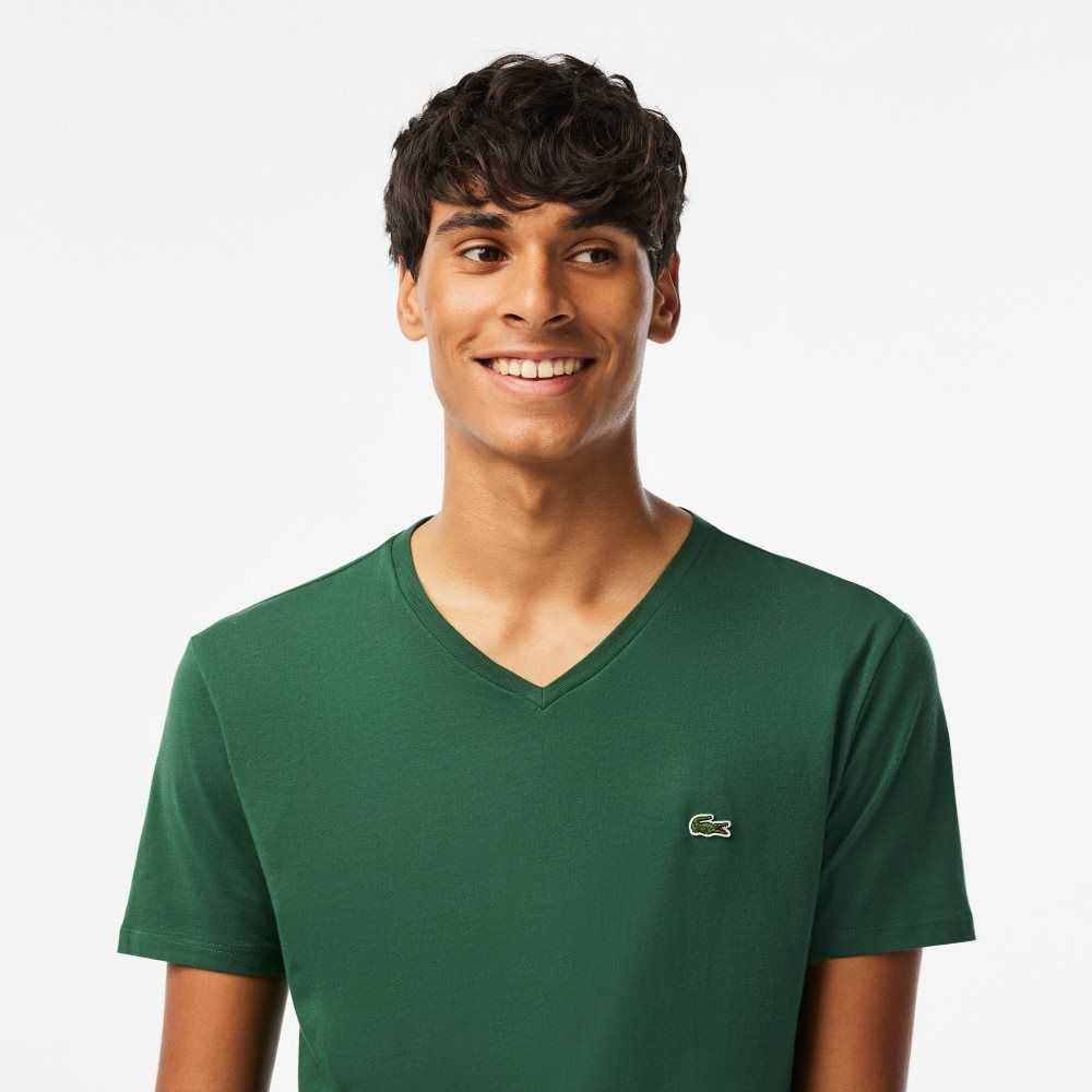 Green Lacoste V-Neck Pima Cotton Jersey T-Shirt | QCTZDE-976