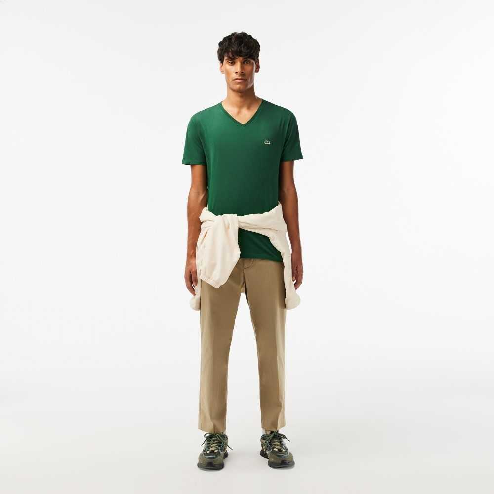 Green Lacoste V-Neck Pima Cotton Jersey T-Shirt | QCTZDE-976