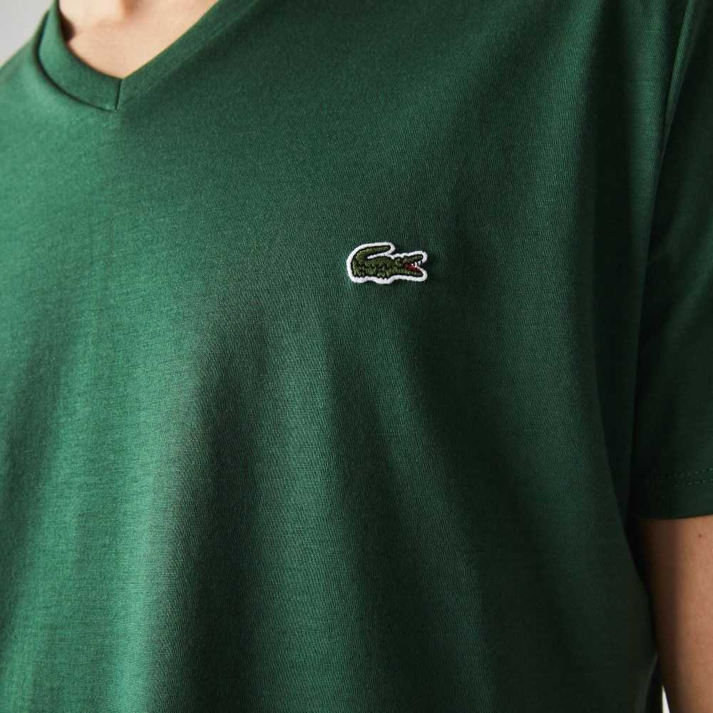 Green Lacoste V-Neck Pima Cotton Jersey T-Shirt | QCTZDE-976