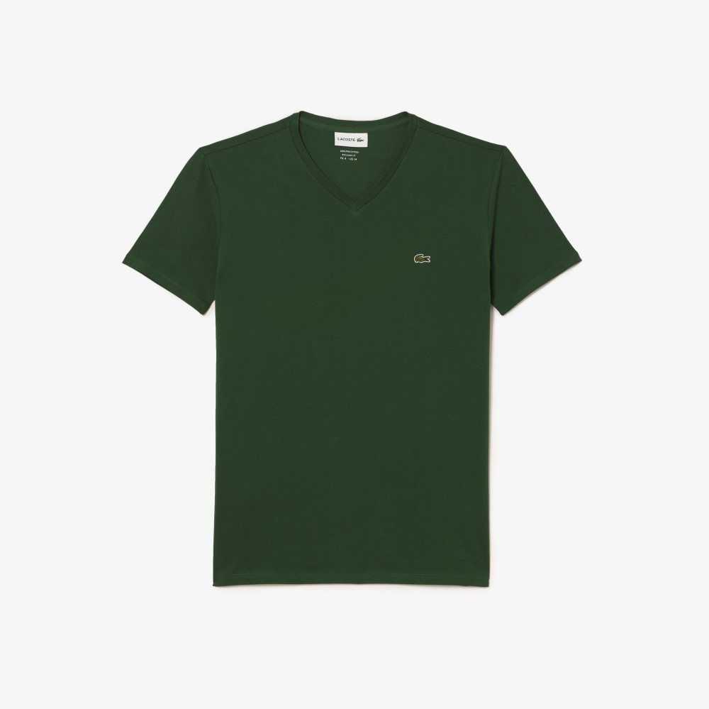 Green Lacoste V-Neck Pima Cotton Jersey T-Shirt | QCTZDE-976