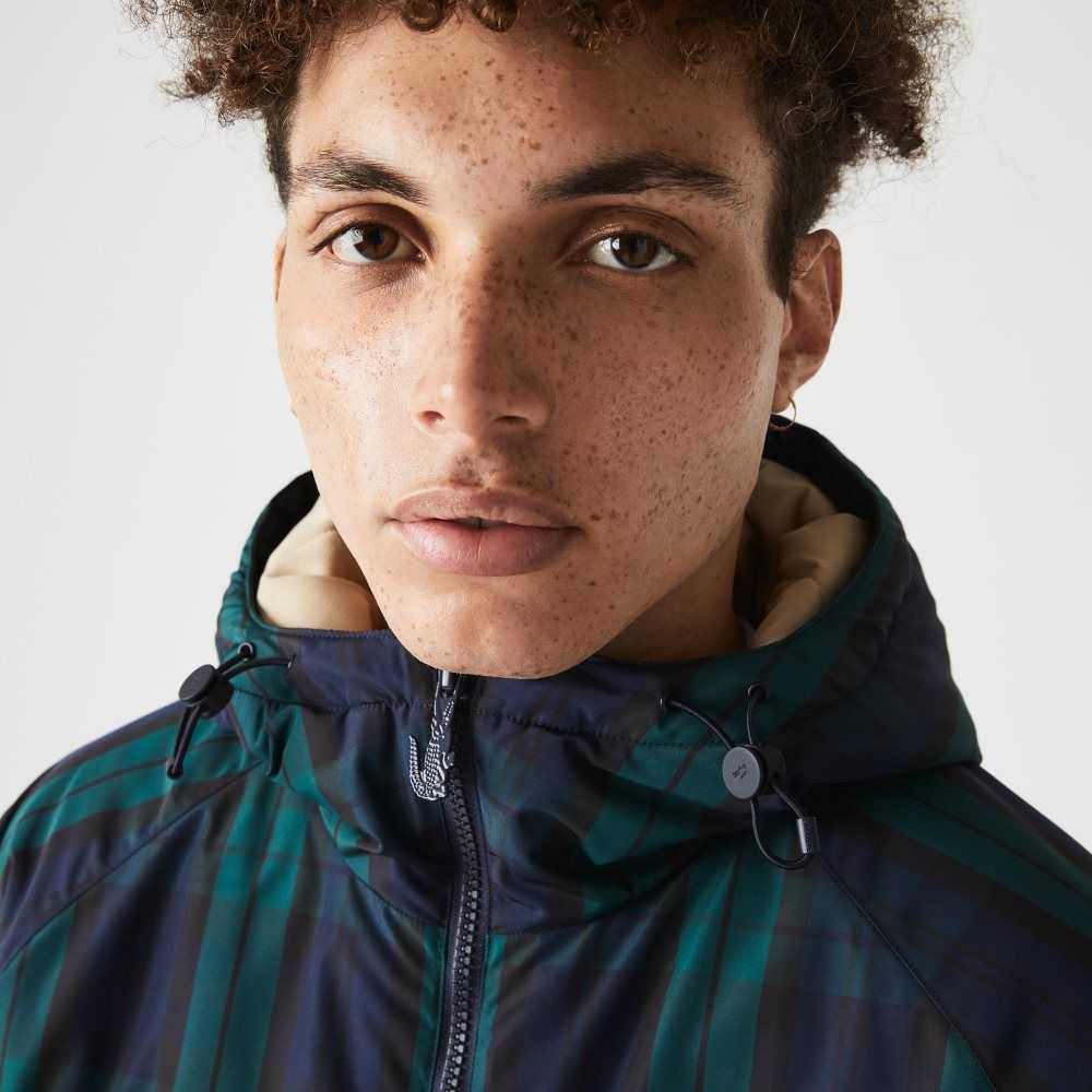 Green / Navy Blue / Black Lacoste Checkered Quilted Pullover Windbreaker | VNBALD-540