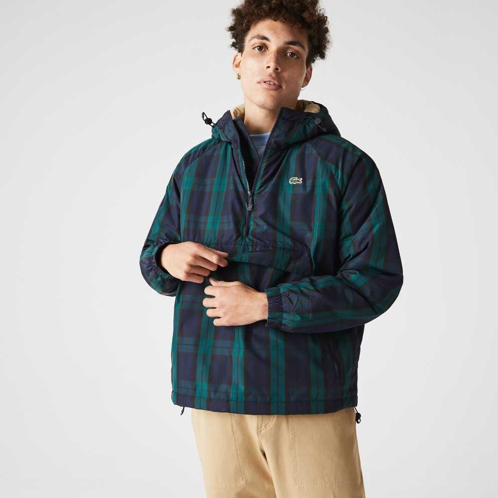 Green / Navy Blue / Black Lacoste Checkered Quilted Pullover Windbreaker | VNBALD-540