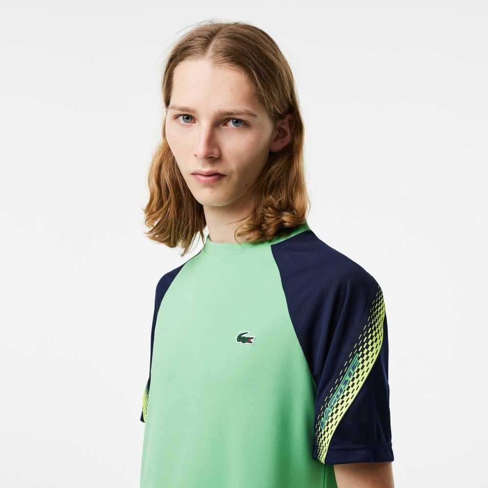 Green / Navy Blue Lacoste SPORT Regular Fit Logo Stripe T-Shirt | VGFNEB-130