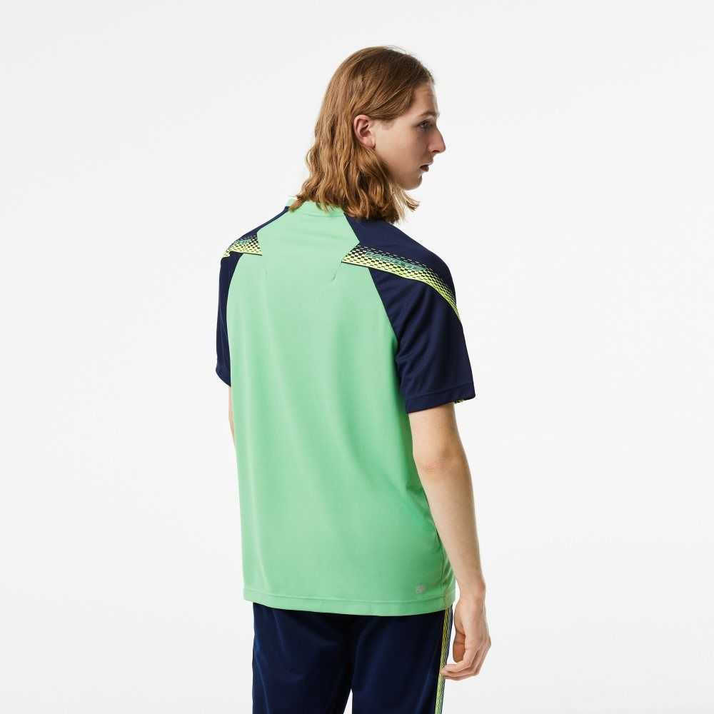 Green / Navy Blue Lacoste SPORT Regular Fit Logo Stripe T-Shirt | VGFNEB-130