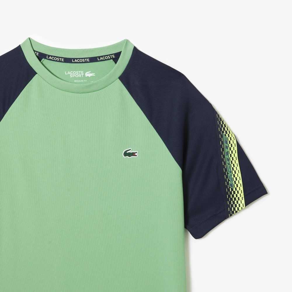 Green / Navy Blue Lacoste SPORT Regular Fit Logo Stripe T-Shirt | VGFNEB-130