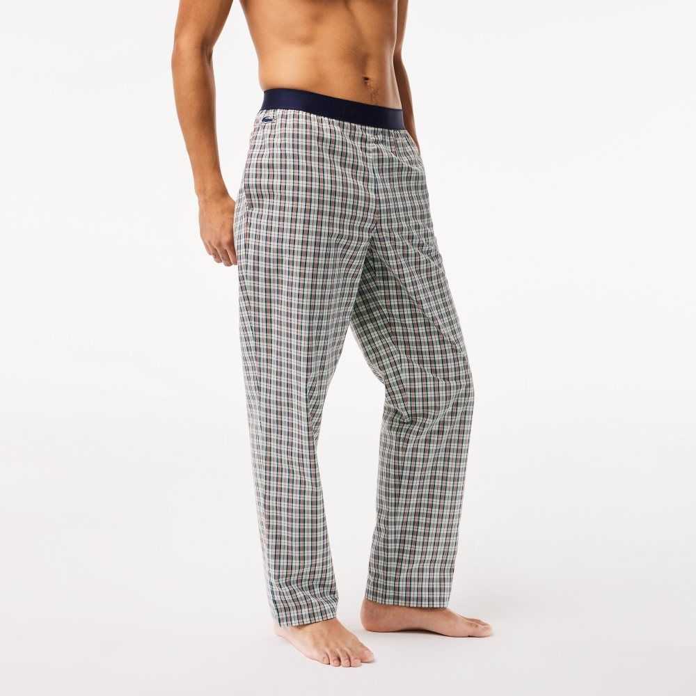 Green / Navy Blue / Orange / Yellow Lacoste Cotton Poplin Check Print Pajama Pants | UCLARE-031