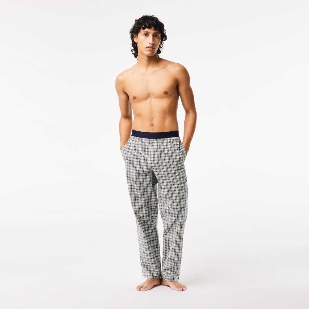 Green / Navy Blue / Orange / Yellow Lacoste Cotton Poplin Check Print Pajama Pants | UCLARE-031