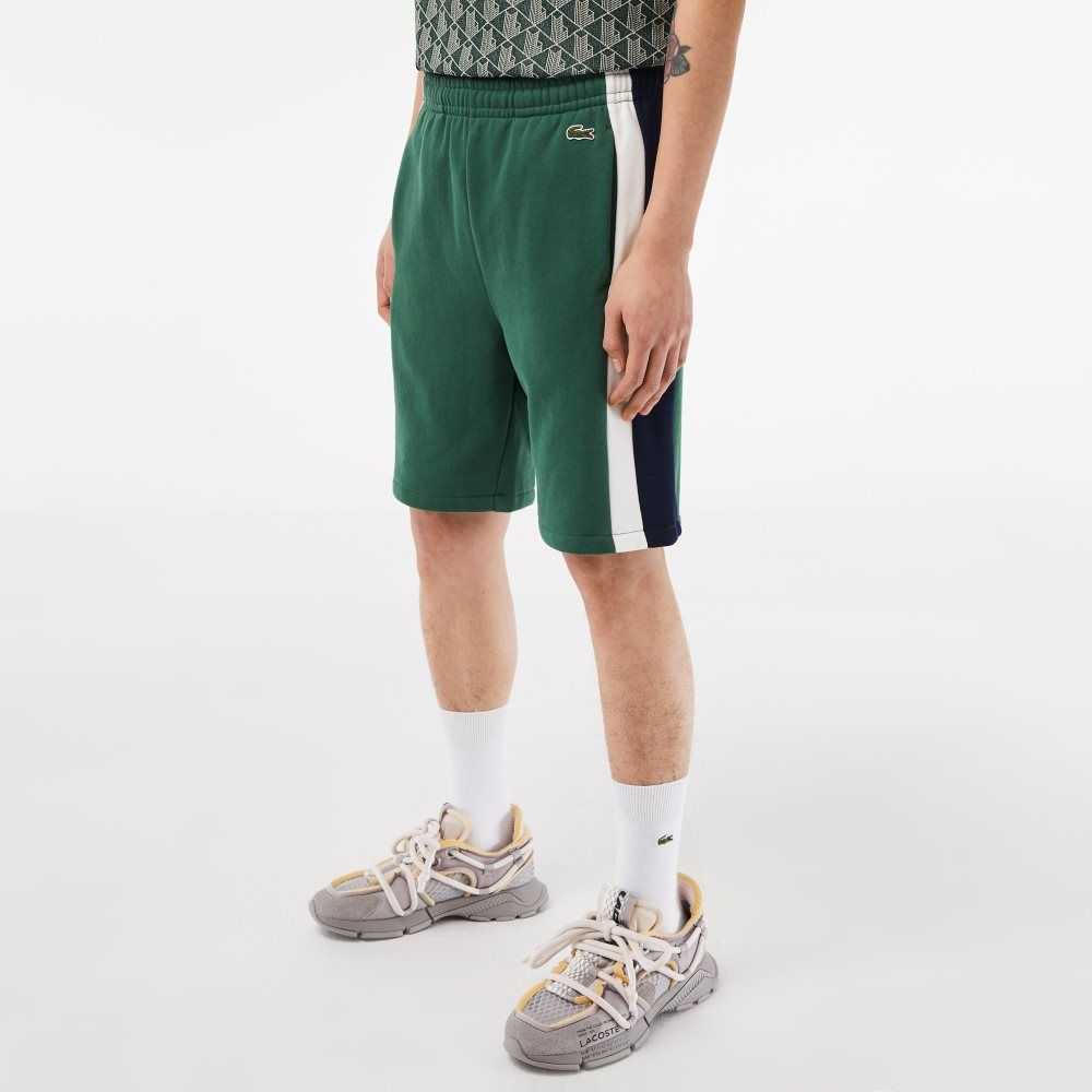 Green / Navy Blue / White Lacoste Brushed Fleece Colorblock Shorts | KMPWVS-389