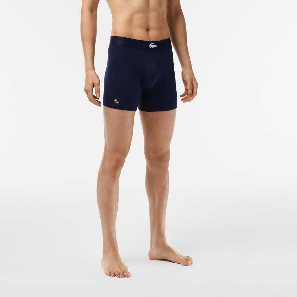 Green / Navy Blue / White Lacoste Crocodile Waist Long Stretch Cotton Boxer Brief 3-Pack | WTVXAS-619