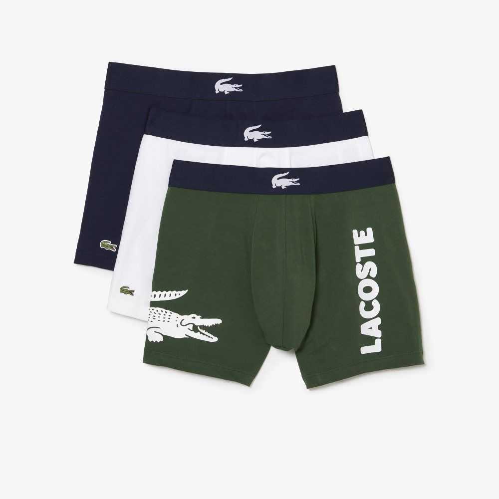 Green / Navy Blue / White Lacoste Crocodile Waist Long Stretch Cotton Boxer Brief 3-Pack | WTVXAS-619