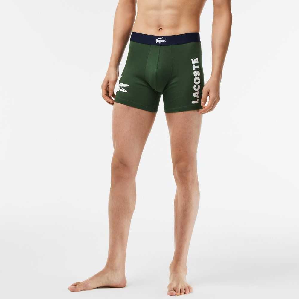 Green / Navy Blue / White Lacoste Crocodile Waist Long Stretch Cotton Boxer Brief 3-Pack | WTVXAS-619