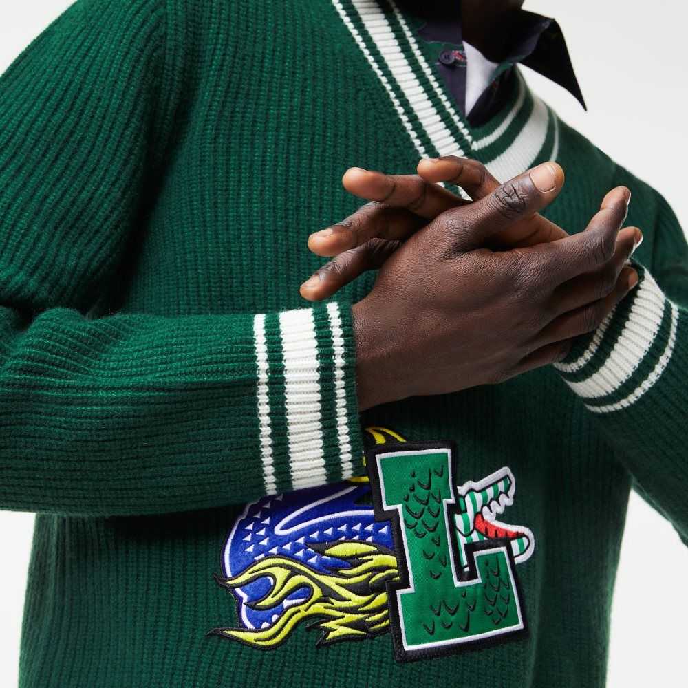 Green / White Lacoste Comic Badge Sweater | ITDCFP-541