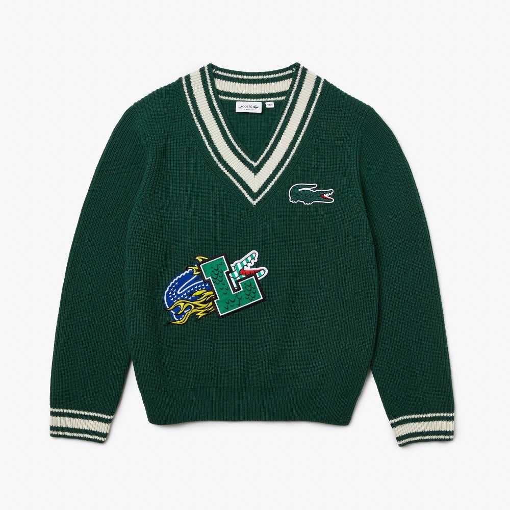 Green / White Lacoste Comic Badge Sweater | ITDCFP-541