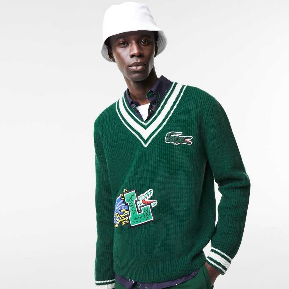 Green / White Lacoste Comic Badge Sweater | ITDCFP-541