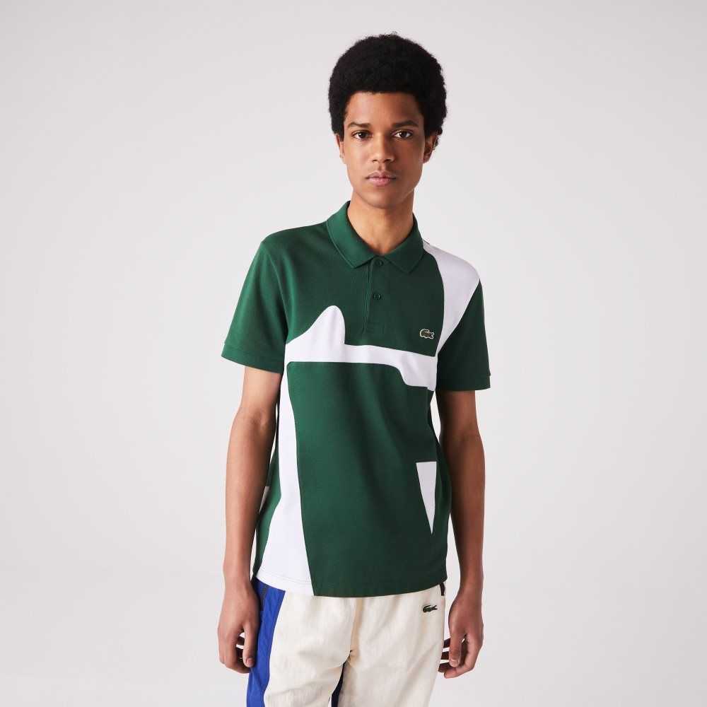 Green / White Lacoste Heritage Regular Fit Print Cotton Pique Polo | IVJLSQ-903