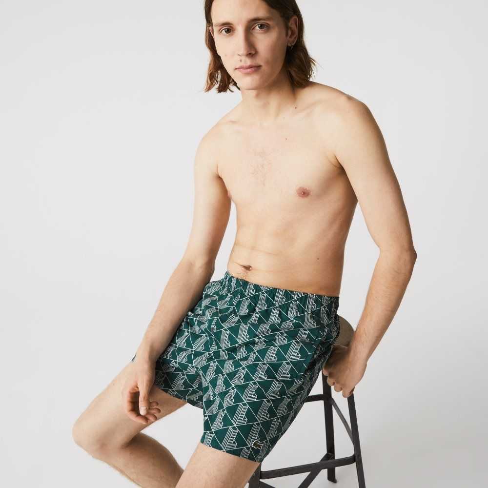 Green / White Lacoste LIVE Monogram Print Lightweight Swimming Trunks | GTVYRD-320