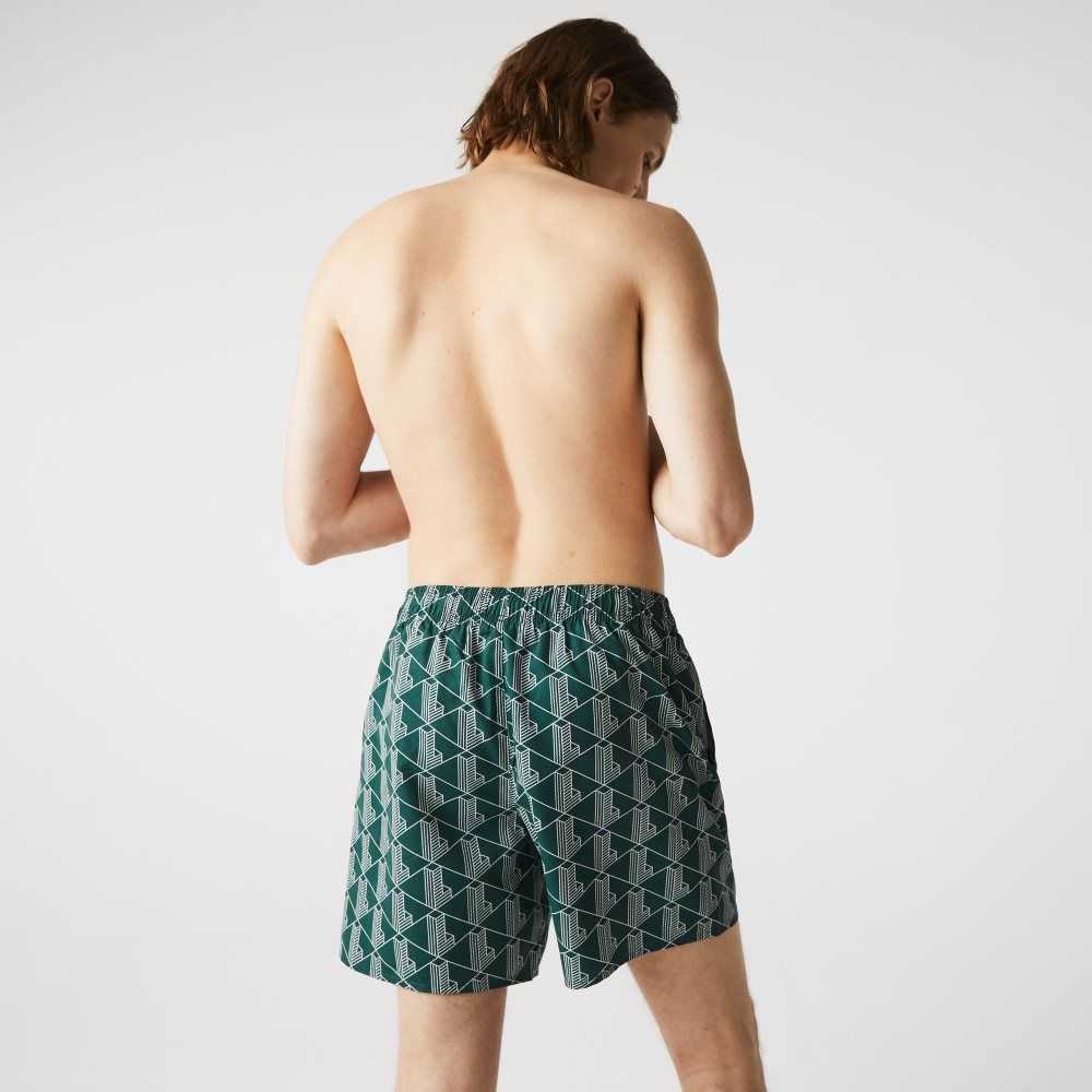 Green / White Lacoste LIVE Monogram Print Lightweight Swimming Trunks | GTVYRD-320