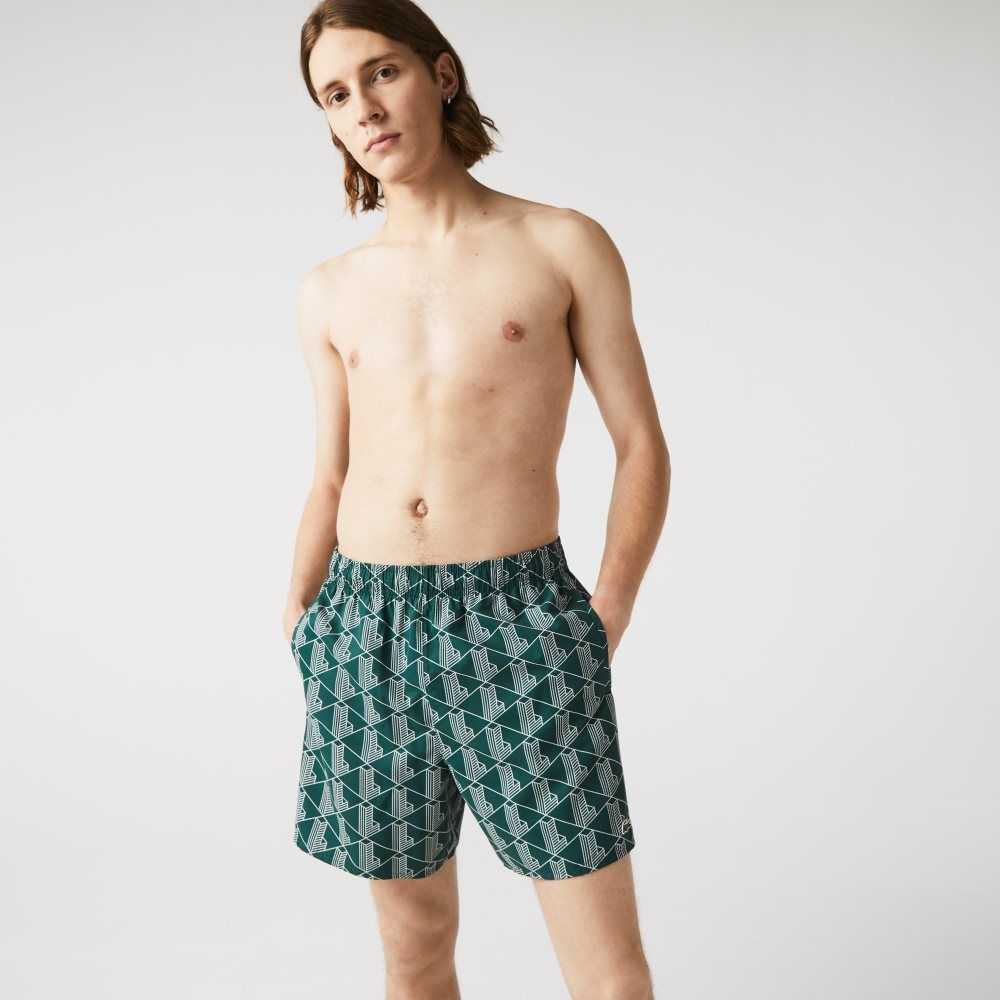 Green / White Lacoste LIVE Monogram Print Lightweight Swimming Trunks | GTVYRD-320