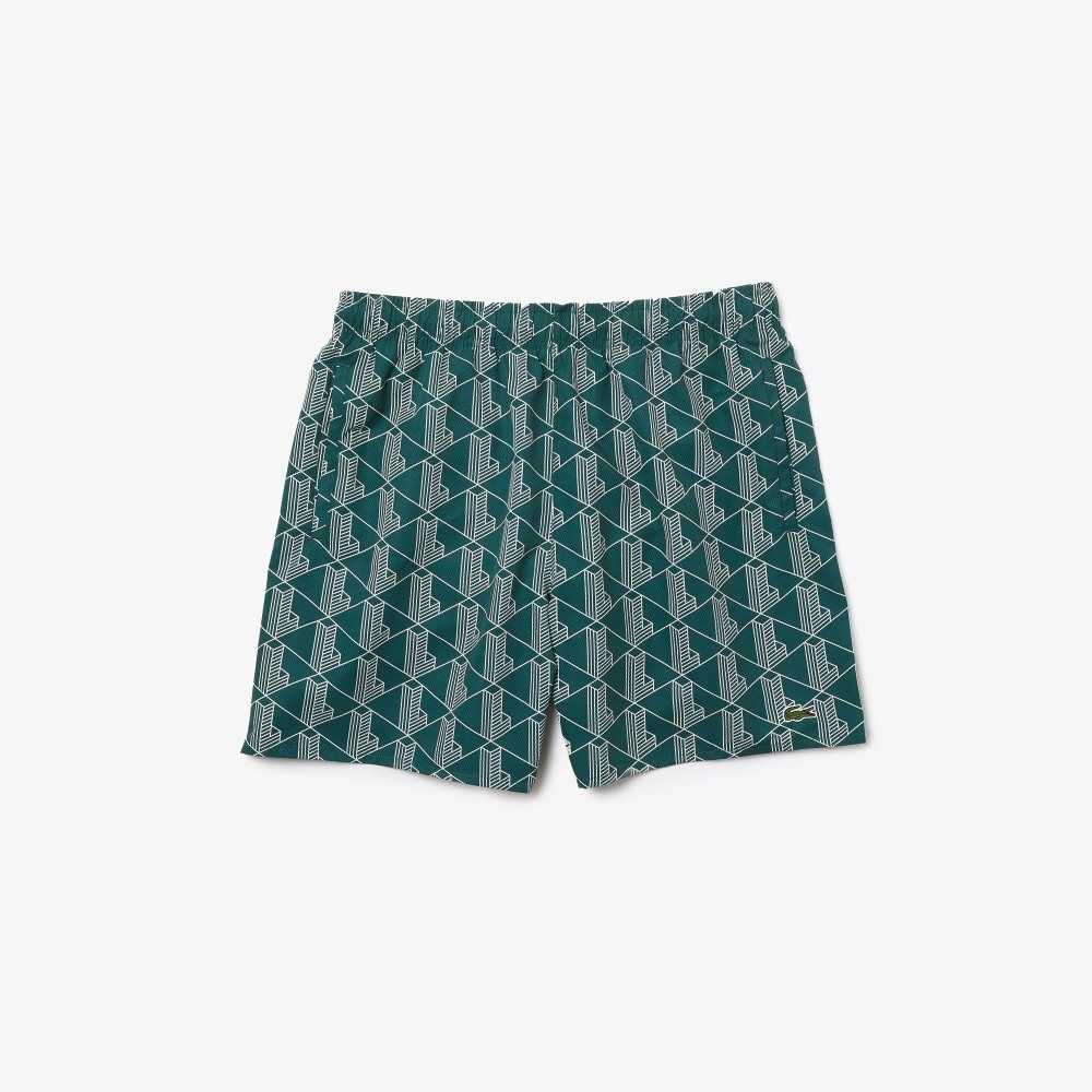 Green / White Lacoste LIVE Monogram Print Lightweight Swimming Trunks | GTVYRD-320