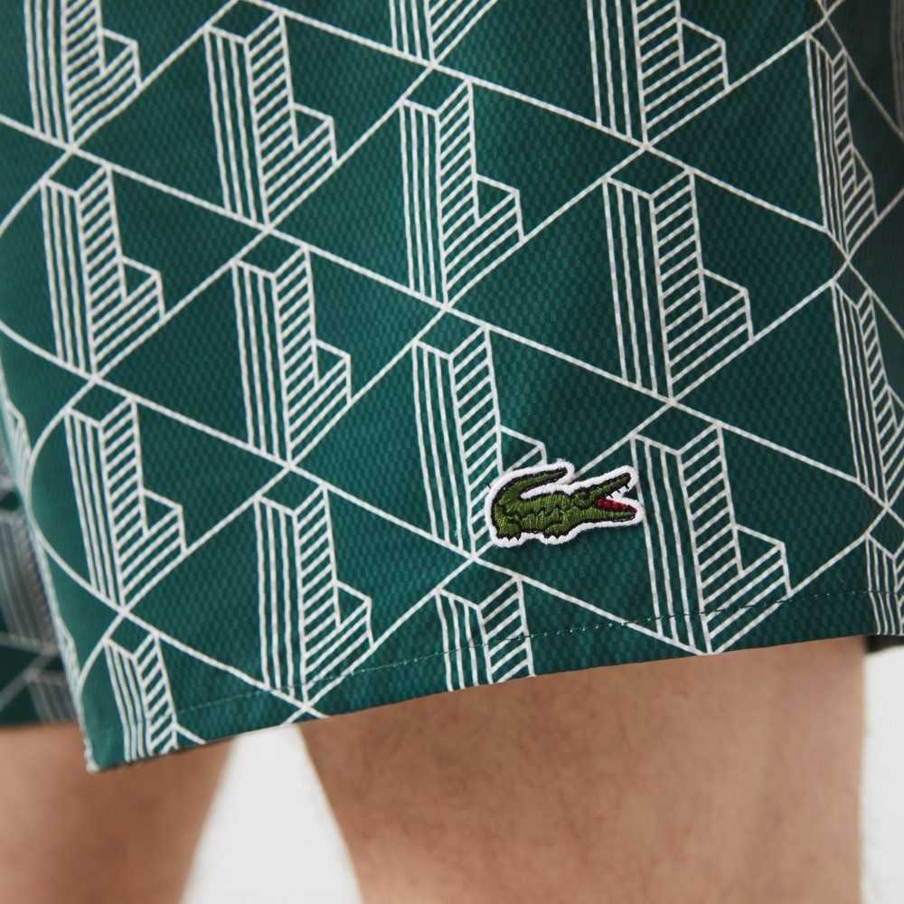 Green / White Lacoste LIVE Monogram Print Lightweight Swimming Trunks | GTVYRD-320