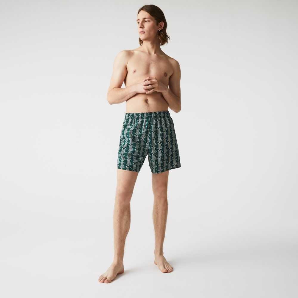 Green / White Lacoste LIVE Monogram Print Lightweight Swimming Trunks | GTVYRD-320