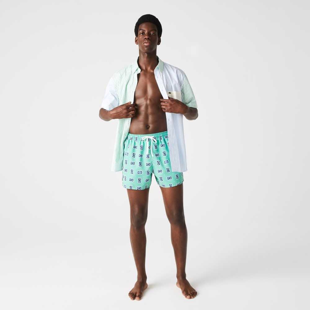 Green / White Lacoste LIVE Print Lightweight Swimming Trunks | OXTEJP-041