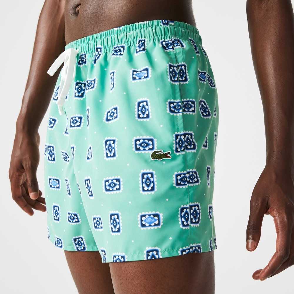 Green / White Lacoste LIVE Print Lightweight Swimming Trunks | OXTEJP-041