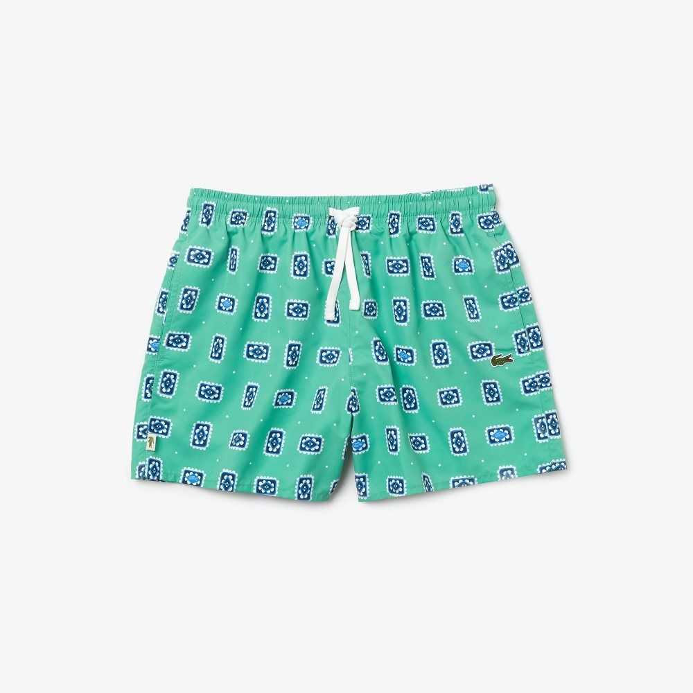 Green / White Lacoste LIVE Print Lightweight Swimming Trunks | OXTEJP-041