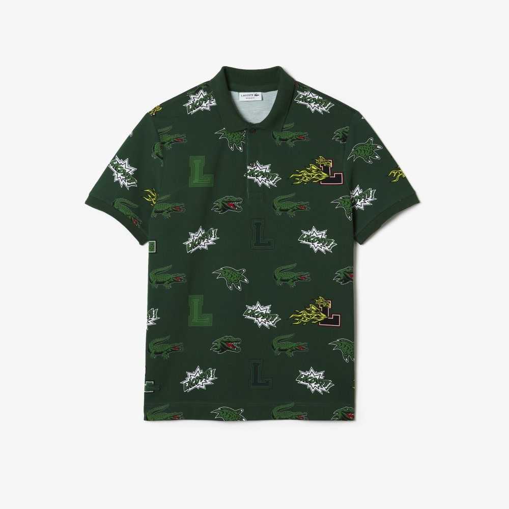 Green / White Lacoste Regular Fit Crocodile Print Polo | KBASJF-350