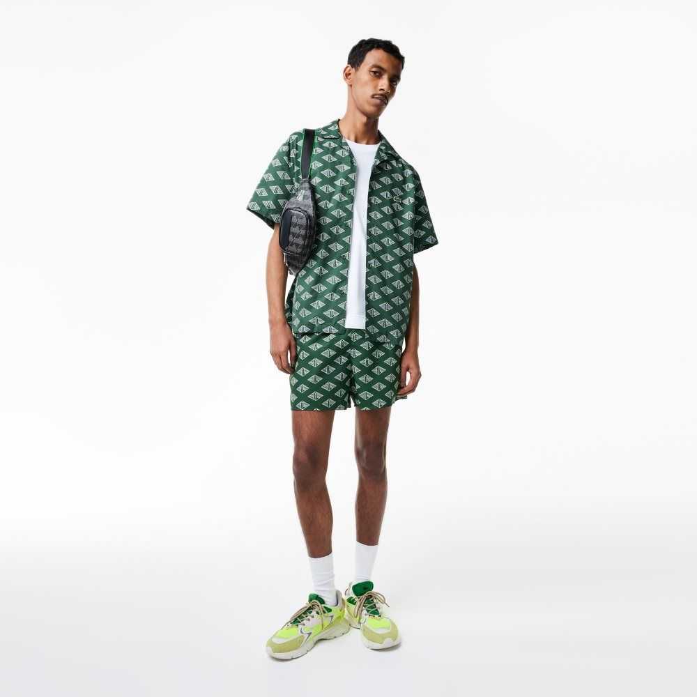 Green / White Lacoste Short Sleeve Monogram Print Shirt | VQSAFT-395