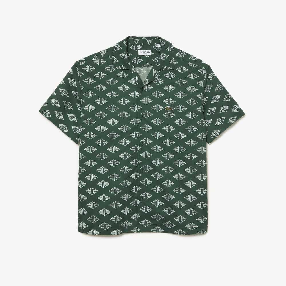 Green / White Lacoste Short Sleeve Monogram Print Shirt | VQSAFT-395