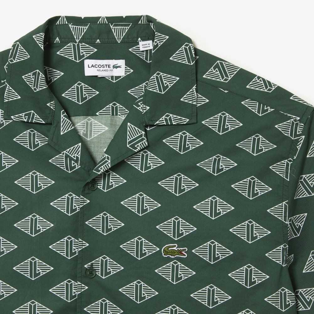 Green / White Lacoste Short Sleeve Monogram Print Shirt | VQSAFT-395